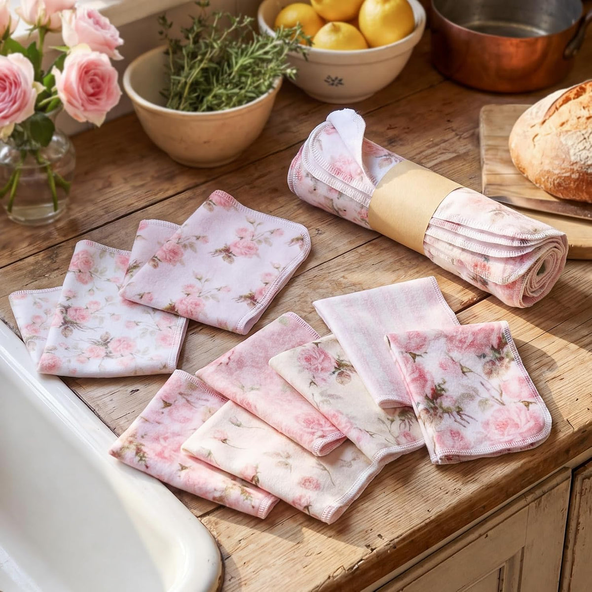 24 Pack Reusable Paper Towels Washable Cloths, Pink Vintage Rose