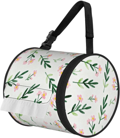 Round Tissue Holder Bag Car Hanging Tissue Boxes Cover with Adjustable Strap Foldable Roll Storage Bags with Zipper Tissues Case Organizer for Home Decor Toilet Office(Spring Pink Flower)