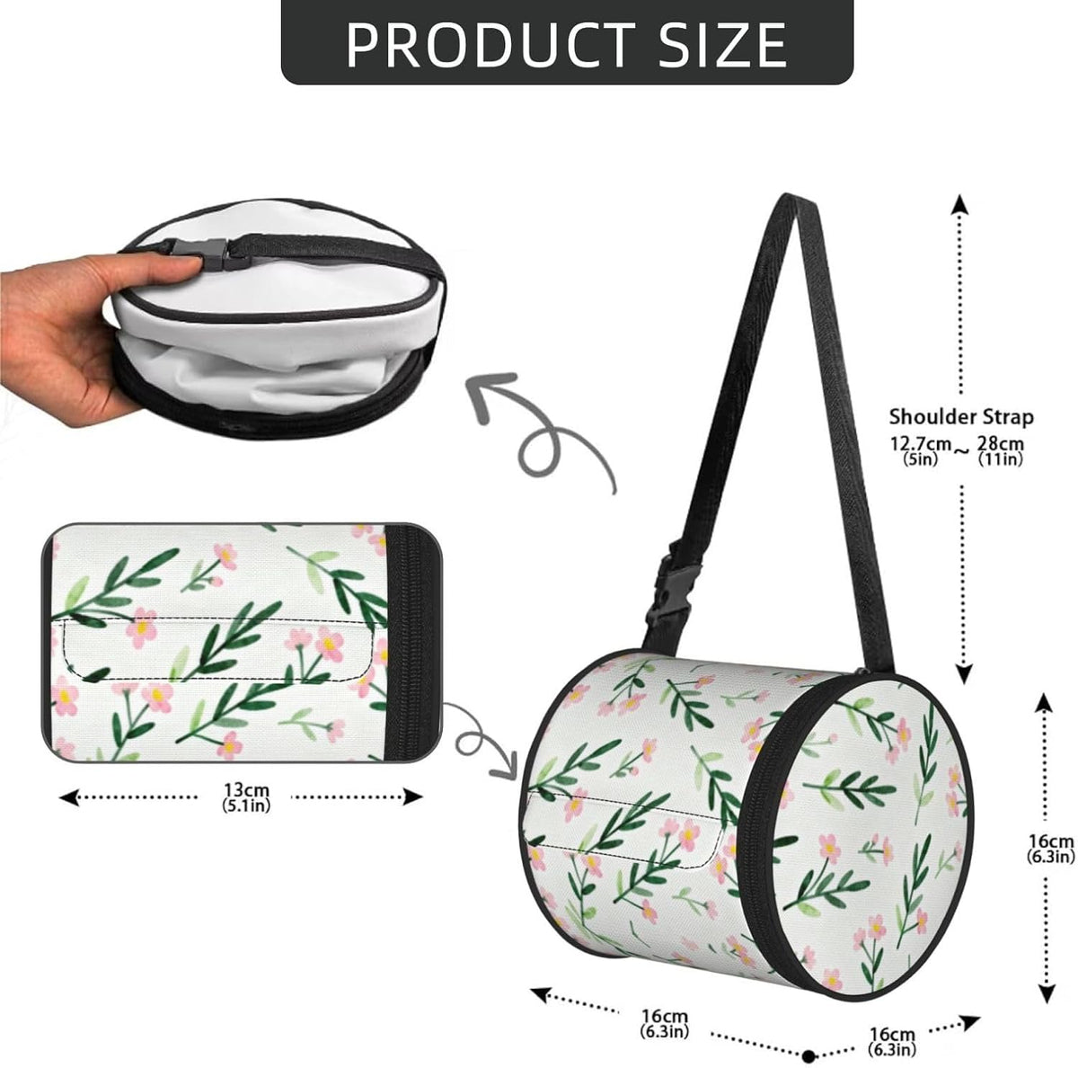Round Tissue Holder Bag Car Hanging Tissue Boxes Cover with Adjustable Strap Foldable Roll Storage Bags with Zipper Tissues Case Organizer for Home Decor Toilet Office(Spring Pink Flower)