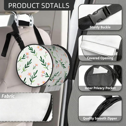Round Tissue Holder Bag Car Hanging Tissue Boxes Cover with Adjustable Strap Foldable Roll Storage Bags with Zipper Tissues Case Organizer for Home Decor Toilet Office(Spring Pink Flower)