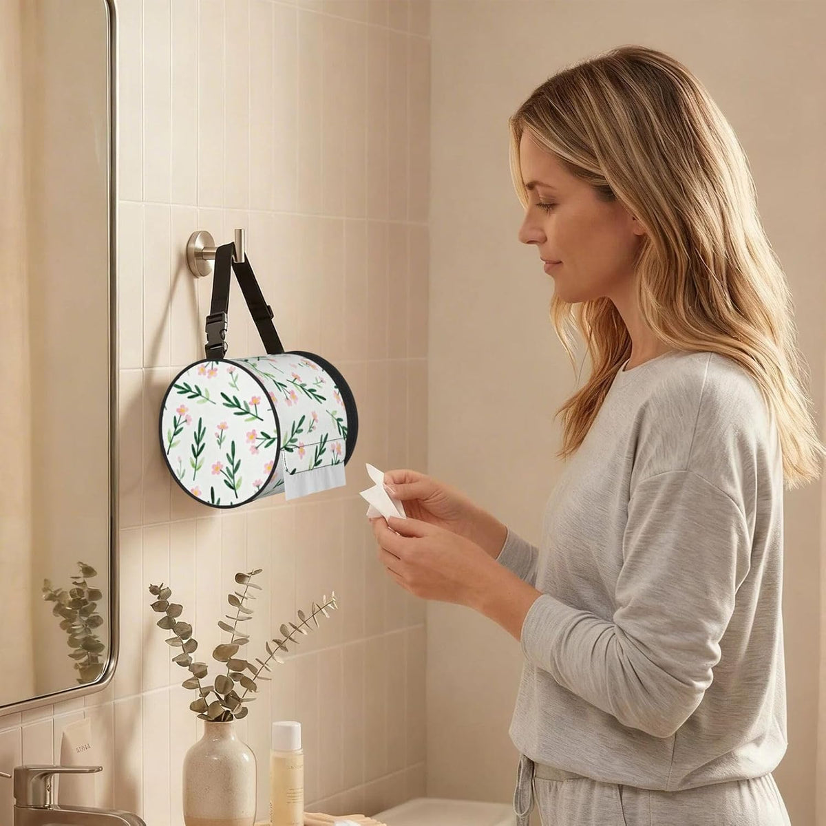 Round Tissue Holder Bag Car Hanging Tissue Boxes Cover with Adjustable Strap Foldable Roll Storage Bags with Zipper Tissues Case Organizer for Home Decor Toilet Office(Spring Pink Flower)