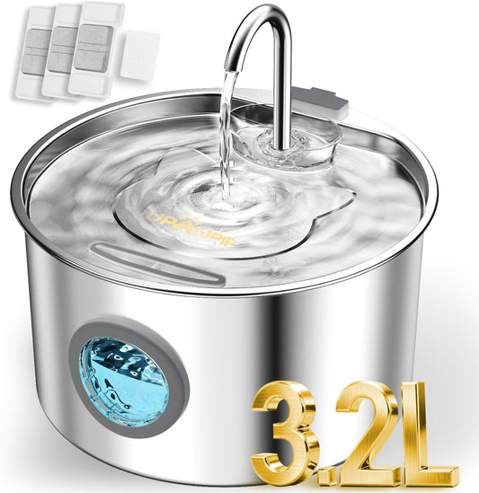 108oz/3.2L Stainless Steel Cat Water Fountain with Detachable Tank, Easy to Clean & Assemble, Pet Drinking Dispenser with Quiet Operation & LED Light, Gifts for Cats, Dogs and Small Pets