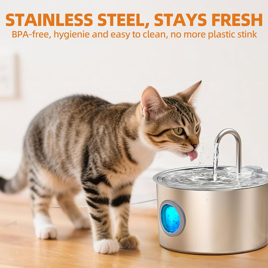 108oz/3.2L Stainless Steel Cat Water Fountain with Detachable Tank, Easy to Clean & Assemble, Pet Drinking Dispenser with Quiet Operation & LED Light, Gifts for Cats, Dogs and Small Pets