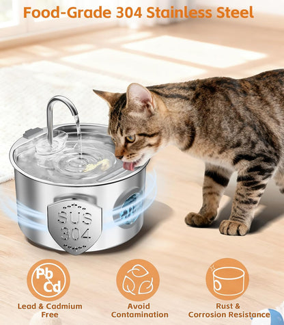 108oz/3.2L Stainless Steel Cat Water Fountain with Detachable Tank, Easy to Clean & Assemble, Pet Drinking Dispenser with Quiet Operation & LED Light, Gifts for Cats, Dogs and Small Pets