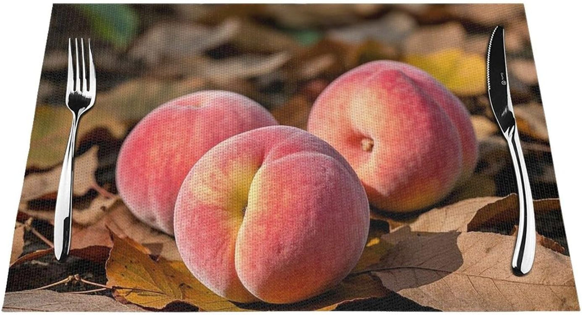 Pink Peach Fruit Fall Placemats Set of 4 PCS - Woven Vinyl Kitchen Table Placemats - Heat Resistant Non-Slip Place Mats for Dining Table, Washable Indoor Outdoor Table Mats 12x18 Inch