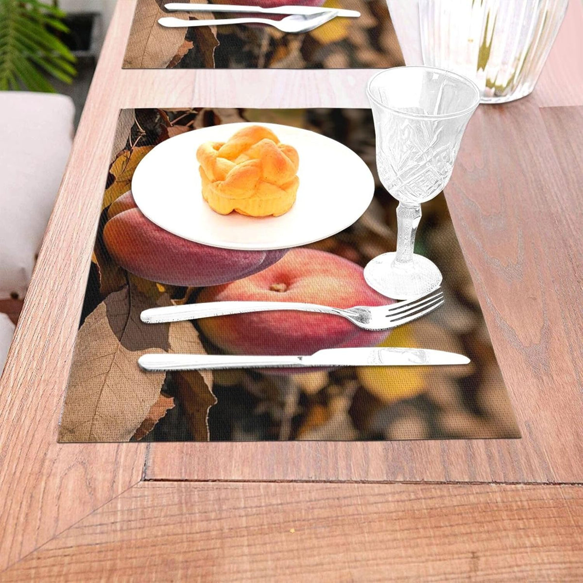 Pink Peach Fruit Fall Placemats Set of 4 PCS - Woven Vinyl Kitchen Table Placemats - Heat Resistant Non-Slip Place Mats for Dining Table, Washable Indoor Outdoor Table Mats 12x18 Inch