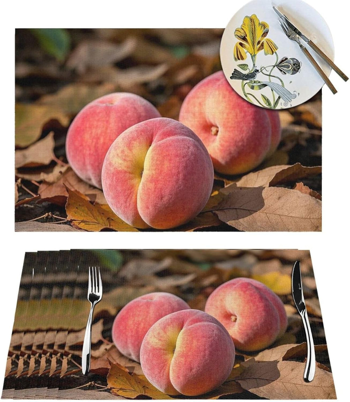 Pink Peach Fruit Fall Placemats Set of 4 PCS - Woven Vinyl Kitchen Table Placemats - Heat Resistant Non-Slip Place Mats for Dining Table, Washable Indoor Outdoor Table Mats 12x18 Inch