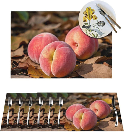 Pink Peach Fruit Fall Placemats Set of 4 PCS - Woven Vinyl Kitchen Table Placemats - Heat Resistant Non-Slip Place Mats for Dining Table, Washable Indoor Outdoor Table Mats 12x18 Inch