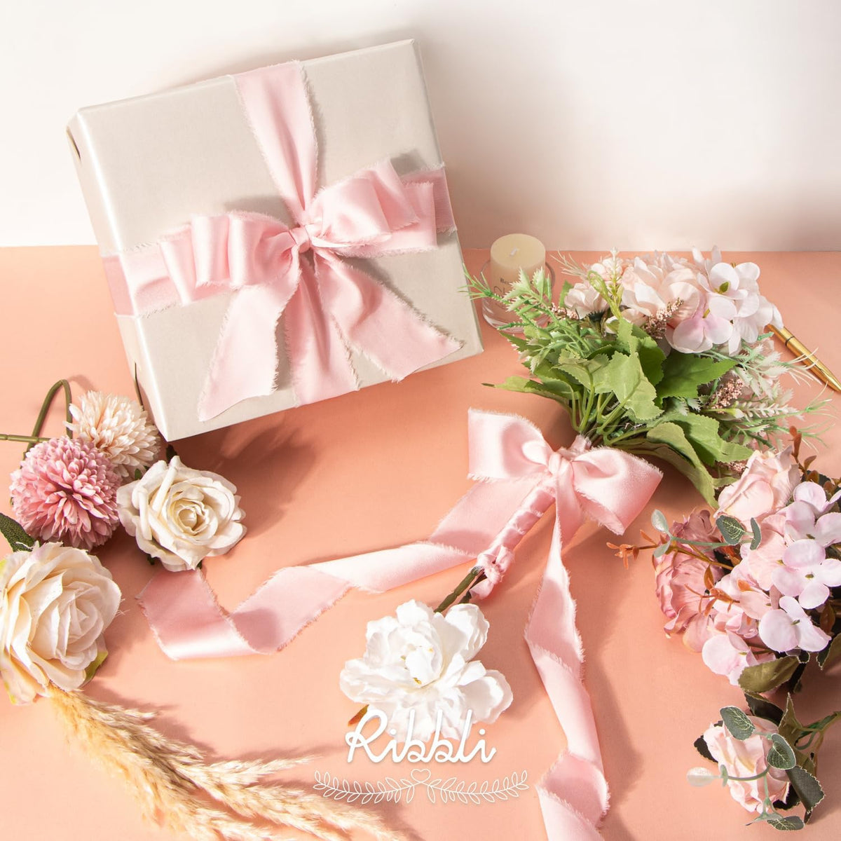 Light Pink Silk Satin Ribbon 1.5 Inch x 30 Yard Handmade Frayed Chiffon Pink Ribbon for Gift Wrapping Wedding Invitations Bridal Bouquets Home Decor