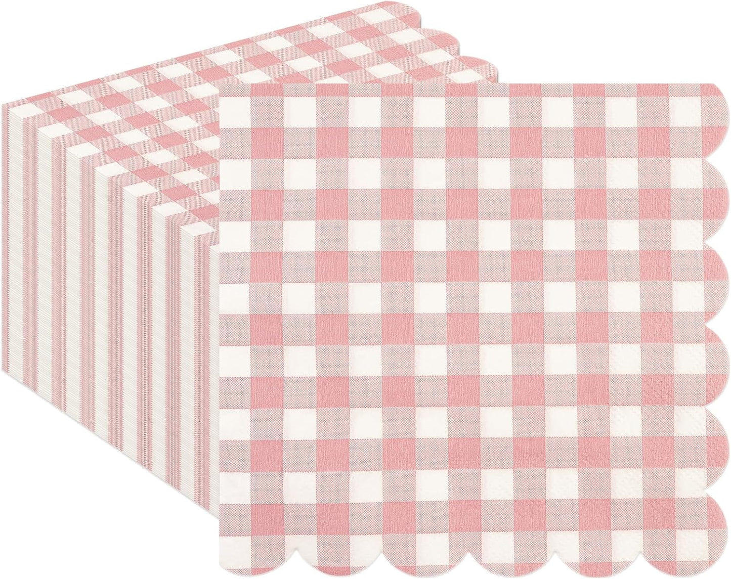 50PCS Pink Scalloped Gingham Paper Napkins - Light Pink and White Striped Luncheon Napkin, Checkered Dessert Napkins, Disposable Decorations Supplies for Birthday Baby Shower Wedding Party