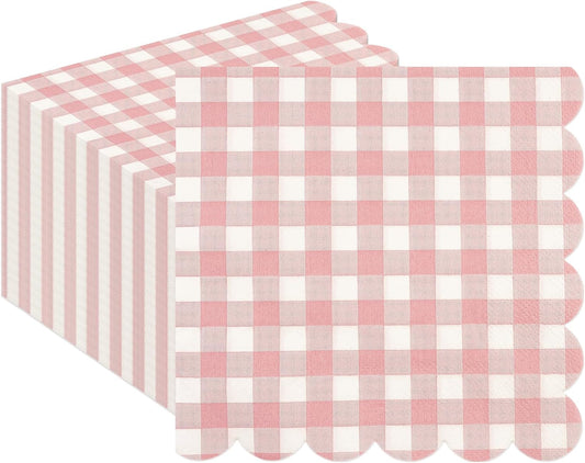 50PCS Pink Scalloped Gingham Paper Napkins - Light Pink and White Striped Luncheon Napkin, Checkered Dessert Napkins, Disposable Decorations Supplies for Birthday Baby Shower Wedding Party
