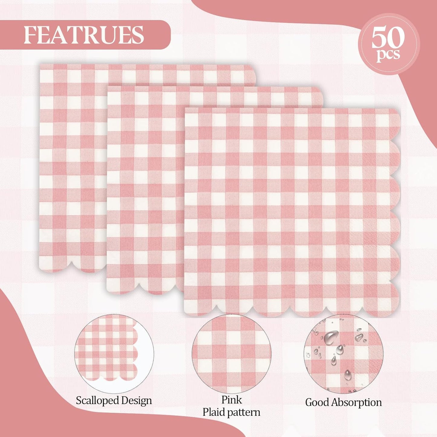 50PCS Pink Scalloped Gingham Paper Napkins - Light Pink and White Striped Luncheon Napkin, Checkered Dessert Napkins, Disposable Decorations Supplies for Birthday Baby Shower Wedding Party