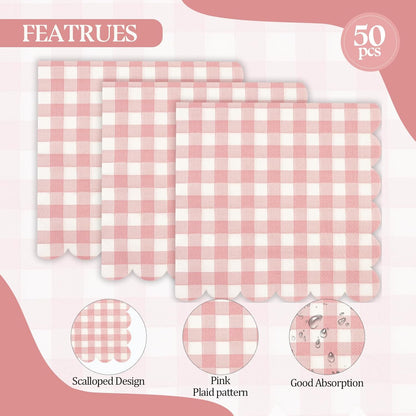 50PCS Pink Scalloped Gingham Paper Napkins - Light Pink and White Striped Luncheon Napkin, Checkered Dessert Napkins, Disposable Decorations Supplies for Birthday Baby Shower Wedding Party