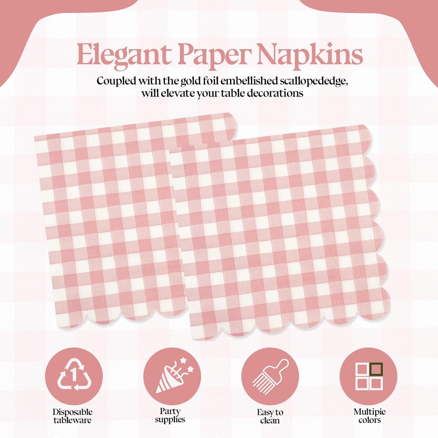 50PCS Pink Scalloped Gingham Paper Napkins - Light Pink and White Striped Luncheon Napkin, Checkered Dessert Napkins, Disposable Decorations Supplies for Birthday Baby Shower Wedding Party