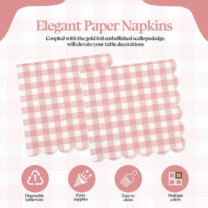 50PCS Pink Scalloped Gingham Paper Napkins - Light Pink and White Striped Luncheon Napkin, Checkered Dessert Napkins, Disposable Decorations Supplies for Birthday Baby Shower Wedding Party