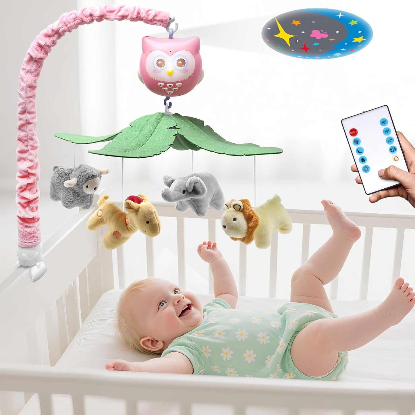 Baby Crib Mobile with Music Lights Projector and Remote Control Pink