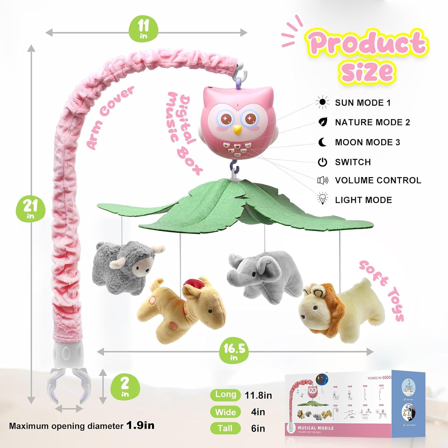 Baby Crib Mobile with Music Lights Projector and Remote Control Pink