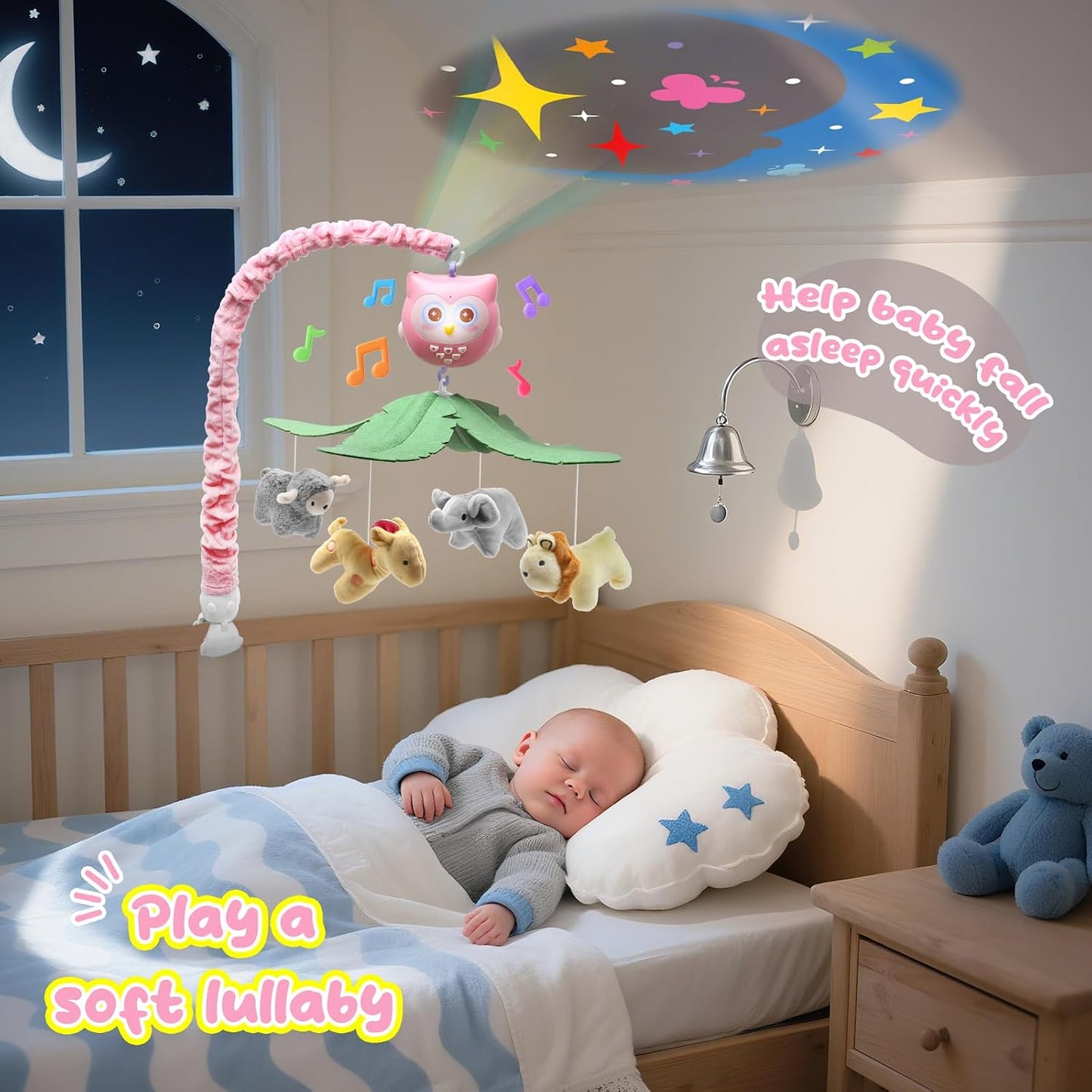 Baby Crib Mobile with Music Lights Projector and Remote Control Pink