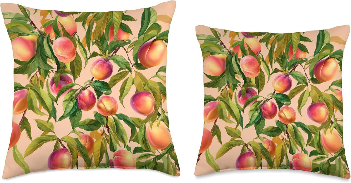 Watercolor Peaches Fruit Pattern Botanical Spring Boho Throw Pillow