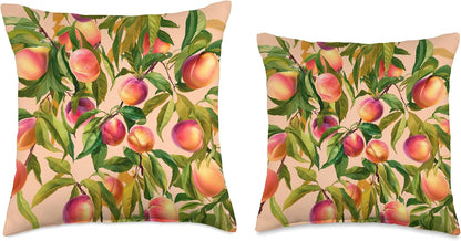Watercolor Peaches Fruit Pattern Botanical Spring Boho Throw Pillow