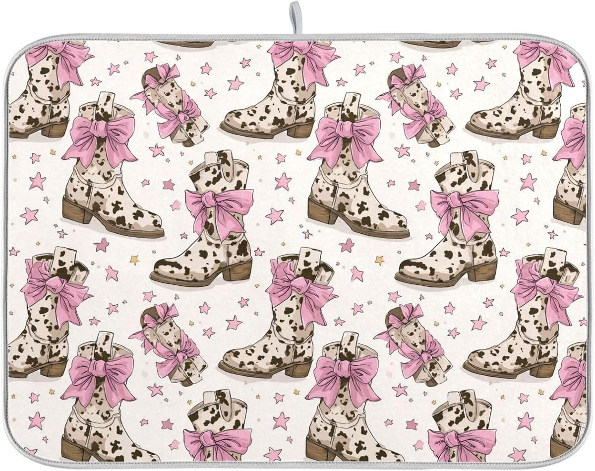 Dish Drying Mat for Kitchen Counter Brown Cow Print Boots Bows Light Pink Absorbent Drying Dish Mat 18×24 inch Dish Rack Pad Coffee Mat for Sink Dishes Under Rack