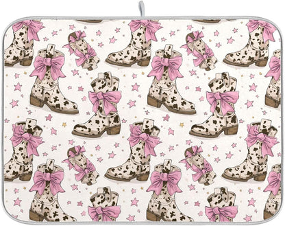 Dish Drying Mat for Kitchen Counter Brown Cow Print Boots Bows Light Pink Absorbent Drying Dish Mat 18×24 inch Dish Rack Pad Coffee Mat for Sink Dishes Under Rack