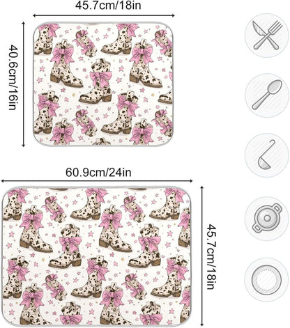 Dish Drying Mat for Kitchen Counter Brown Cow Print Boots Bows Light Pink Absorbent Drying Dish Mat 18×24 inch Dish Rack Pad Coffee Mat for Sink Dishes Under Rack