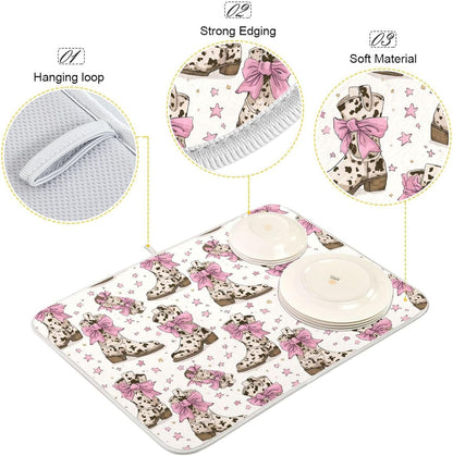 Dish Drying Mat for Kitchen Counter Brown Cow Print Boots Bows Light Pink Absorbent Drying Dish Mat 18×24 inch Dish Rack Pad Coffee Mat for Sink Dishes Under Rack