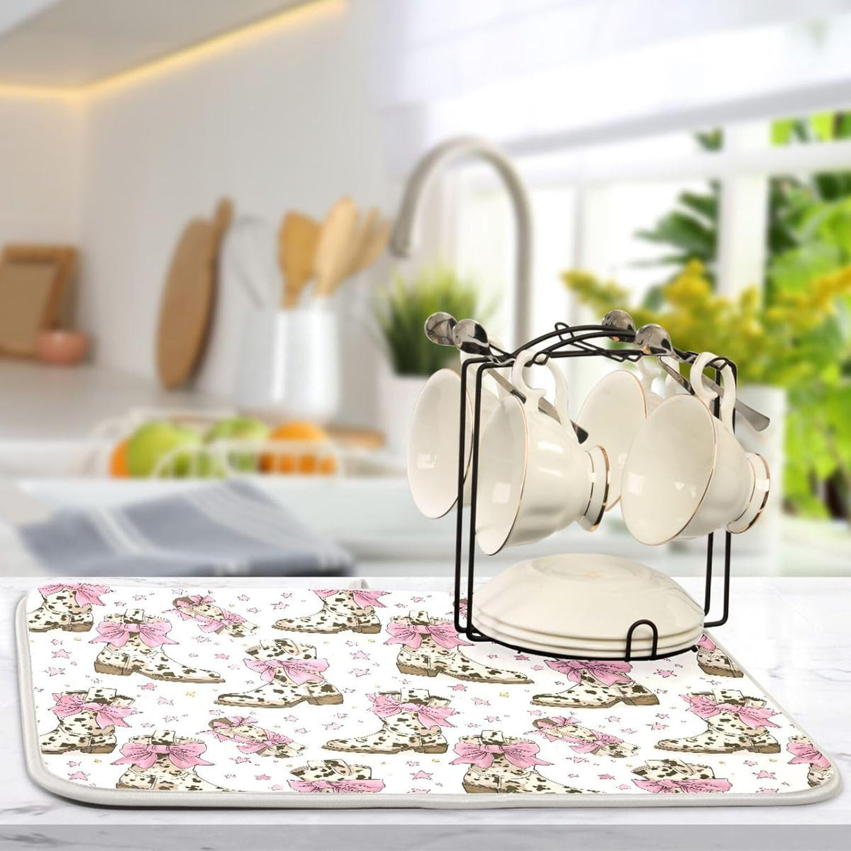 Dish Drying Mat for Kitchen Counter Brown Cow Print Boots Bows Light Pink Absorbent Drying Dish Mat 18×24 inch Dish Rack Pad Coffee Mat for Sink Dishes Under Rack