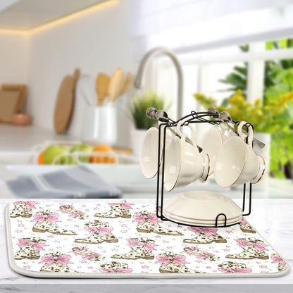 Dish Drying Mat for Kitchen Counter Brown Cow Print Boots Bows Light Pink Absorbent Drying Dish Mat 18×24 inch Dish Rack Pad Coffee Mat for Sink Dishes Under Rack