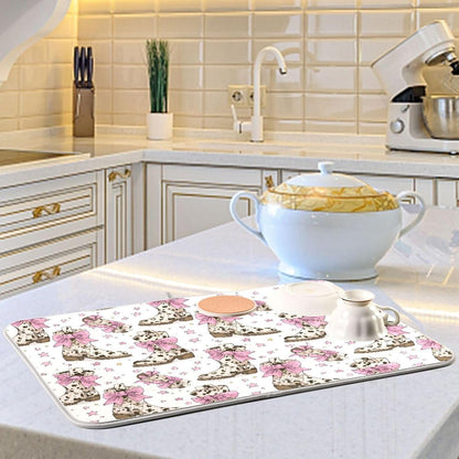 Dish Drying Mat for Kitchen Counter Brown Cow Print Boots Bows Light Pink Absorbent Drying Dish Mat 18×24 inch Dish Rack Pad Coffee Mat for Sink Dishes Under Rack