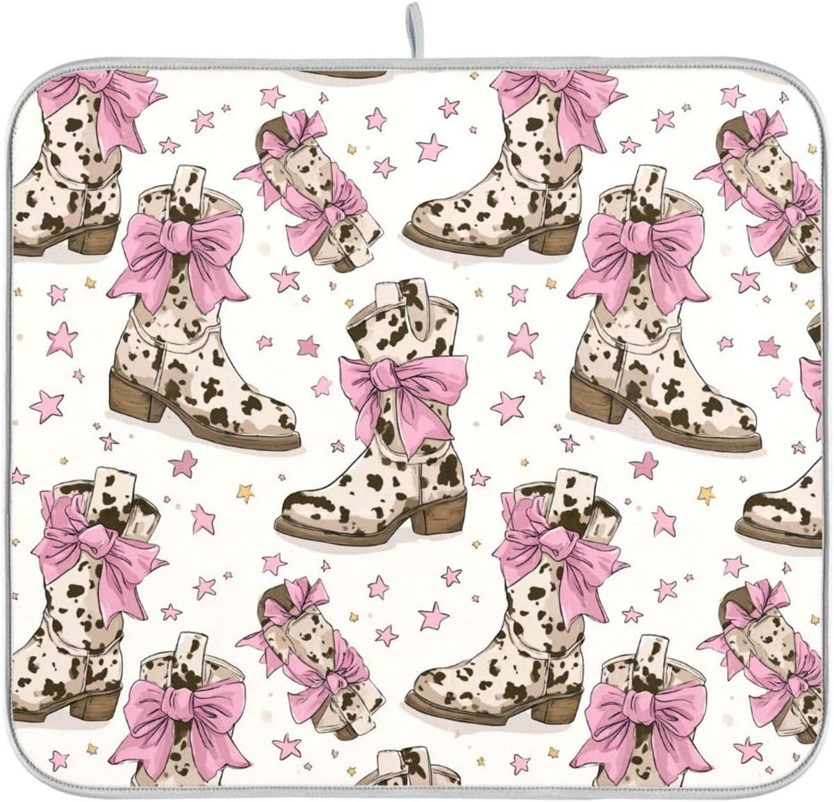 Dish Drying Mat for Kitchen Counter Brown Cow Print Boots Bows Light Pink Absorbent Drying Dish Mat 18×24 inch Dish Rack Pad Coffee Mat for Sink Dishes Under Rack