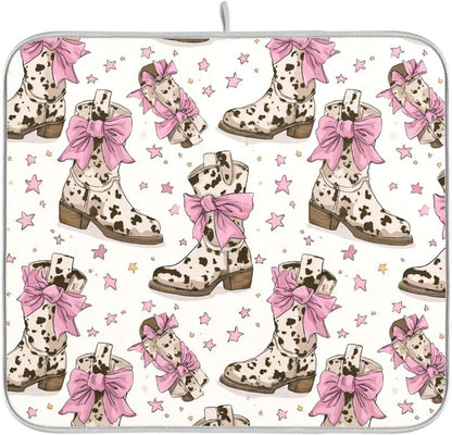 Dish Drying Mat for Kitchen Counter Brown Cow Print Boots Bows Light Pink Absorbent Drying Dish Mat 18×24 inch Dish Rack Pad Coffee Mat for Sink Dishes Under Rack