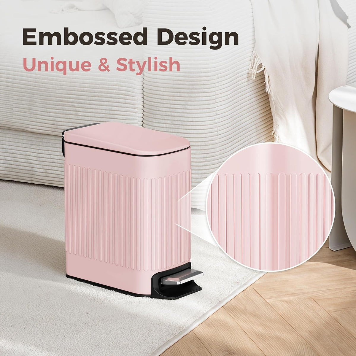 Slim Bathroom Trash Can with Lid Soft Close & Pedal, 1.6Gal, Pink