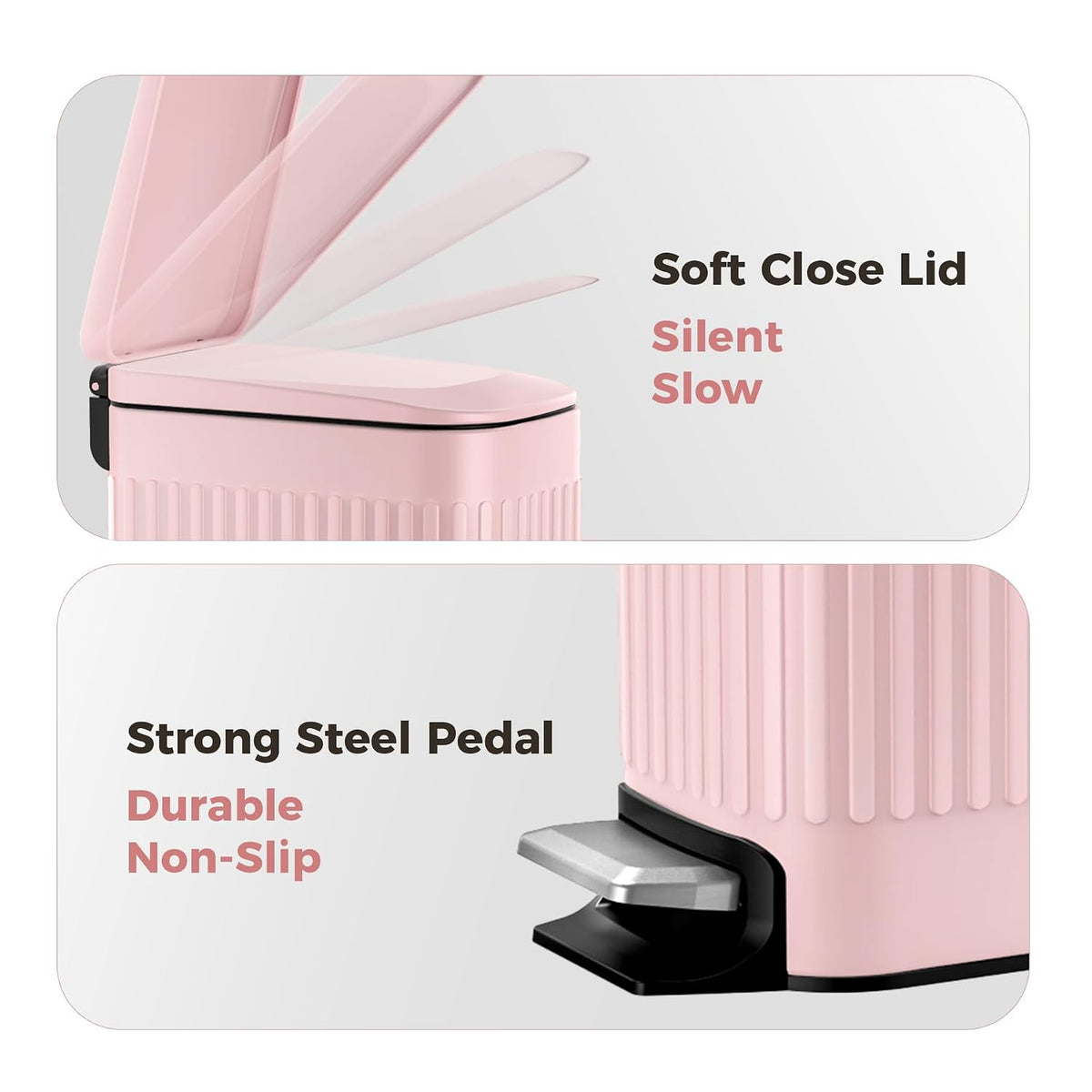 Slim Bathroom Trash Can with Lid Soft Close & Pedal, 1.6Gal, Pink
