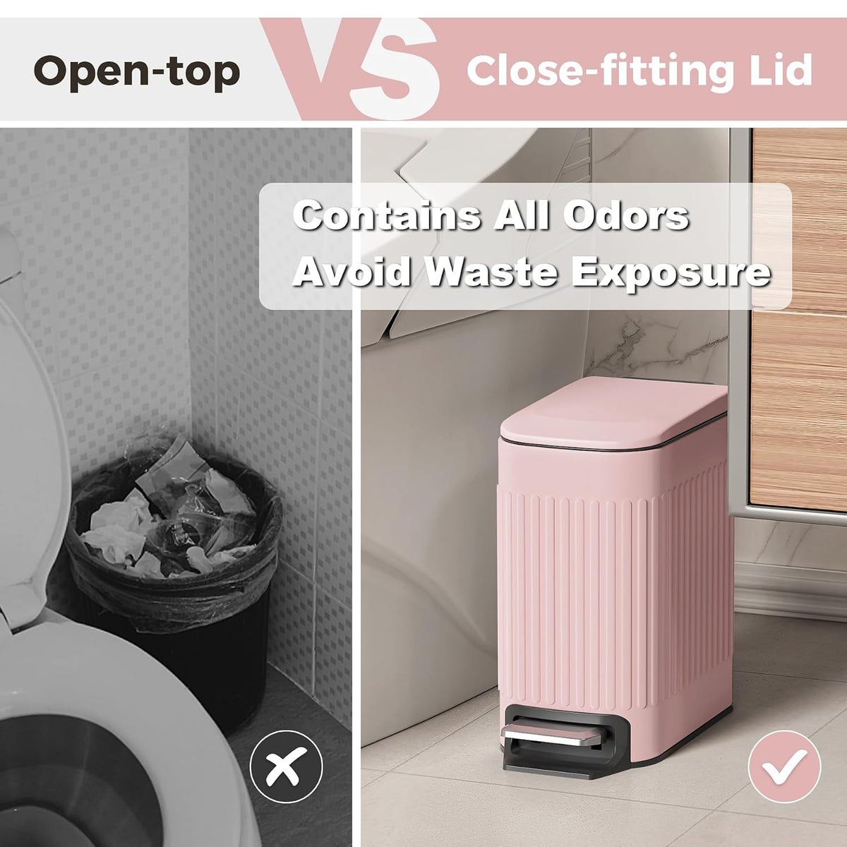 Slim Bathroom Trash Can with Lid Soft Close & Pedal, 1.6Gal, Pink