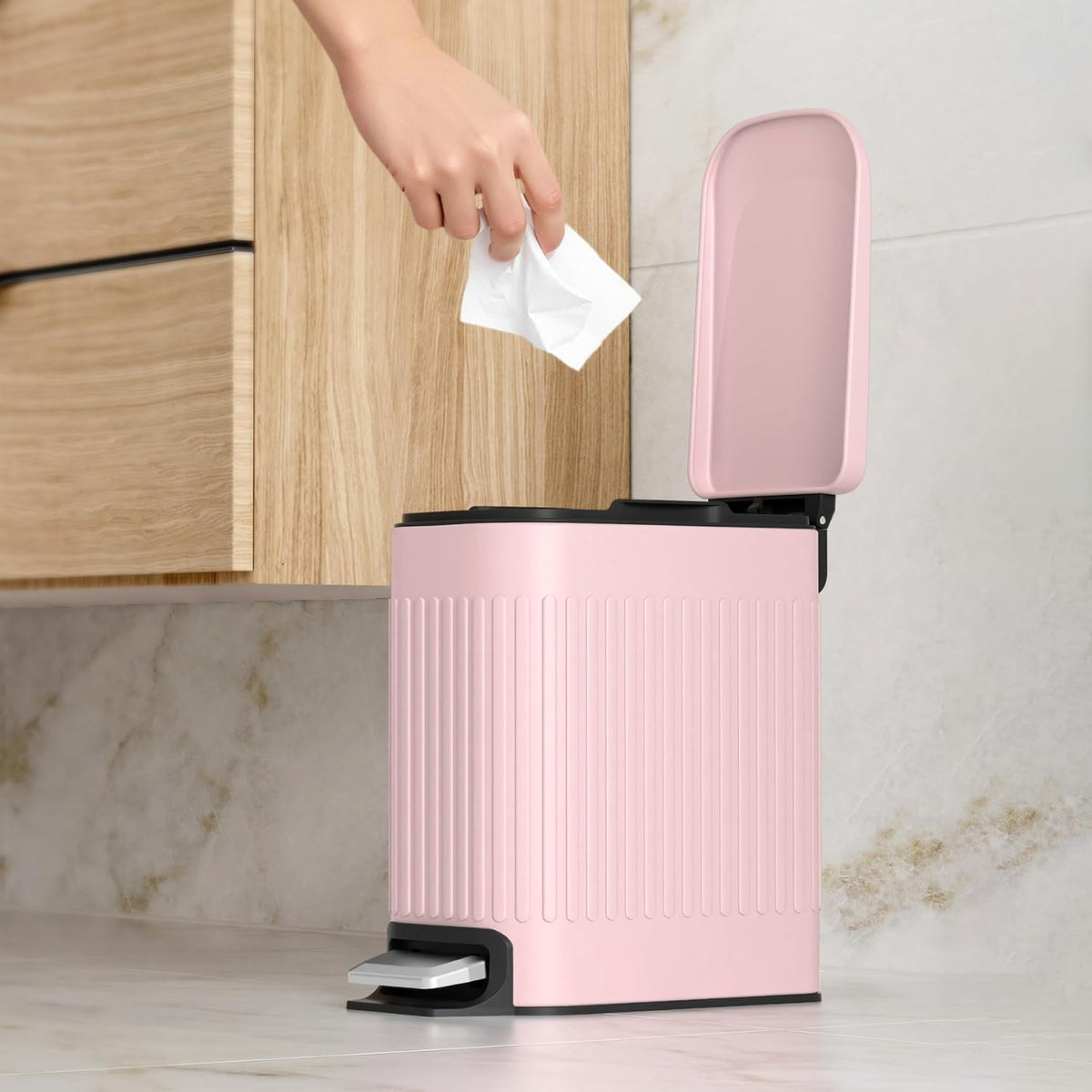 Slim Bathroom Trash Can with Lid Soft Close & Pedal, 1.6Gal, Pink