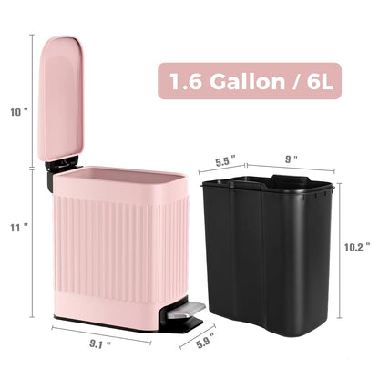 Slim Bathroom Trash Can with Lid Soft Close & Pedal, 1.6Gal, Pink