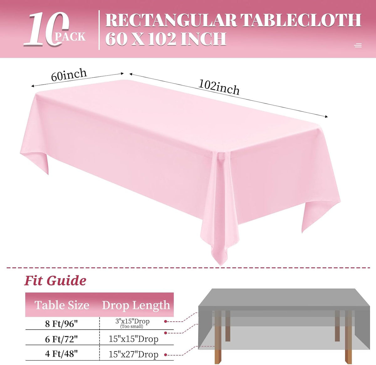 10 Pack Pink Tablecloth 60 x 102 Inch Light Pink Tablecloth for 6 Foot Rectangle Tables Pink Table Cloth Washable Polyester Fabric Table Cloths for Parties Wedding Banquet Christmas