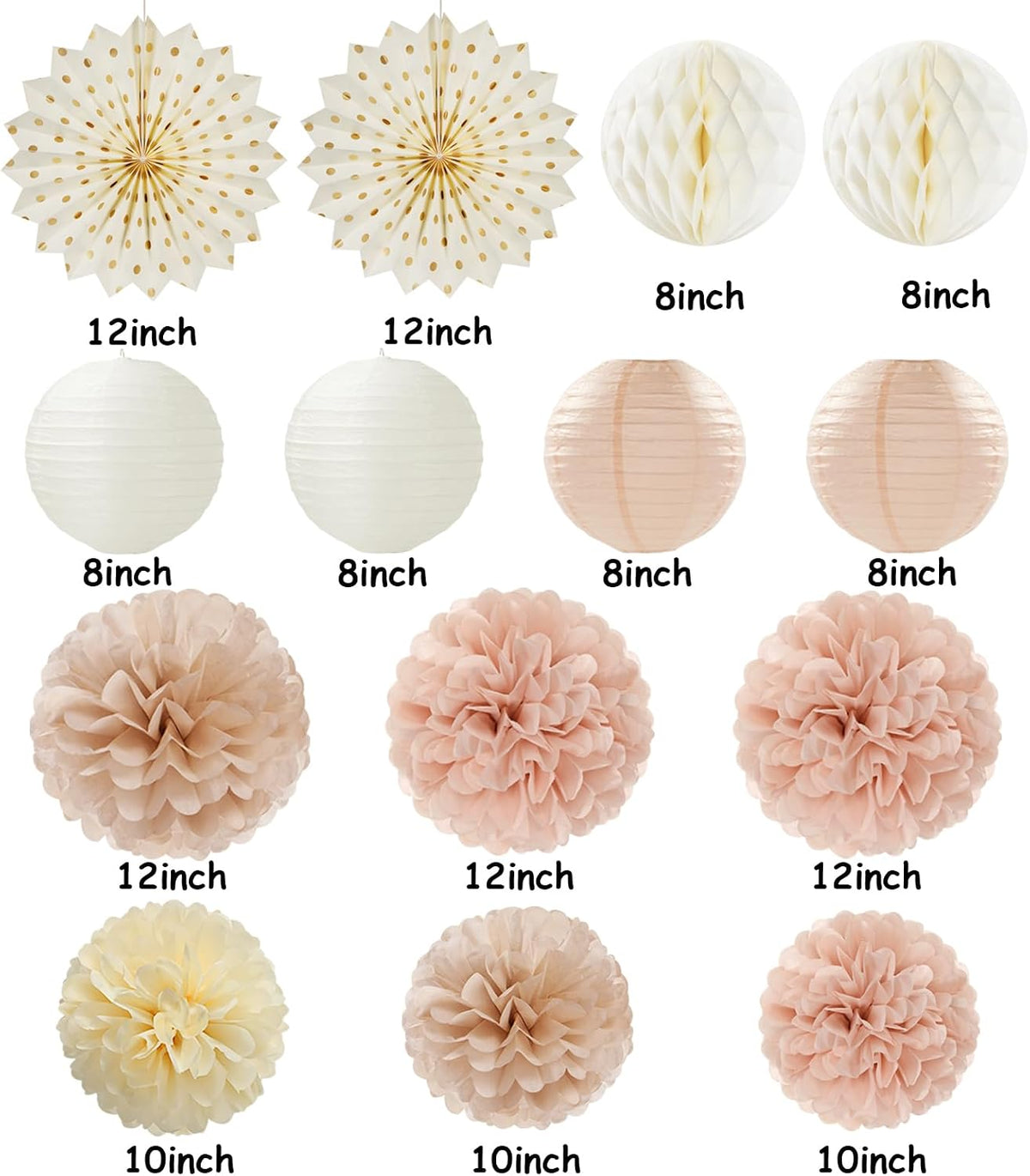 Champagne-Gold Beige-Peach Boho Party-Decorations Streamers - 14pcs Fall Neutral Baby Shower Rustic Bohemian Wedding Paper Honeycomb Lanterns Fan,Birthday Bachelorette Bridal Decor