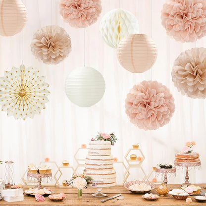 Champagne-Gold Beige-Peach Boho Party-Decorations Streamers - 14pcs Fall Neutral Baby Shower Rustic Bohemian Wedding Paper Honeycomb Lanterns Fan,Birthday Bachelorette Bridal Decor