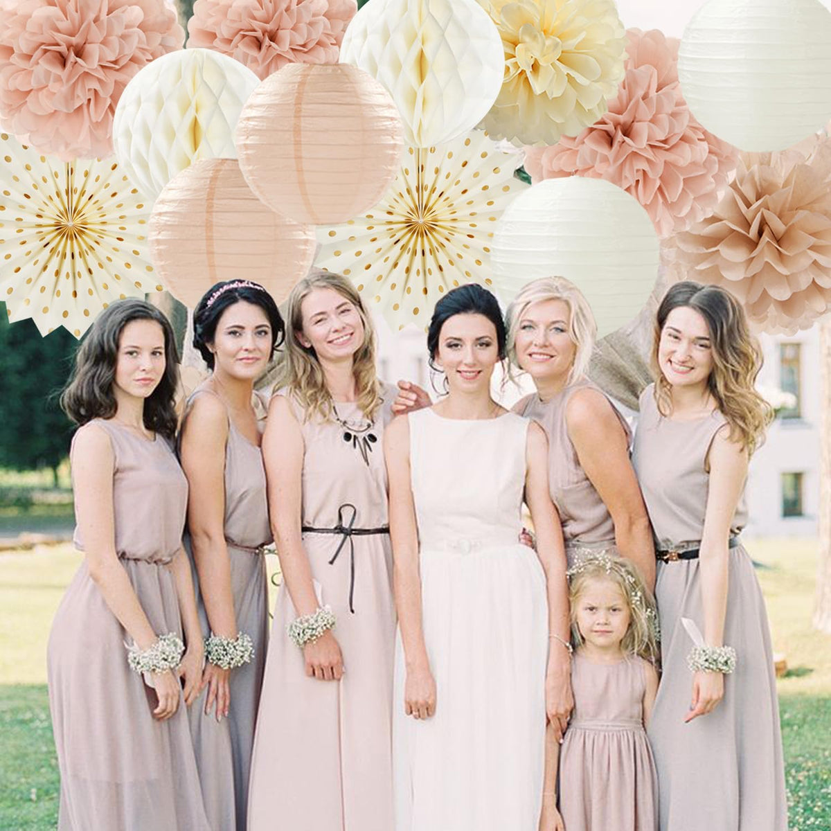 Champagne-Gold Beige-Peach Boho Party-Decorations Streamers - 14pcs Fall Neutral Baby Shower Rustic Bohemian Wedding Paper Honeycomb Lanterns Fan,Birthday Bachelorette Bridal Decor