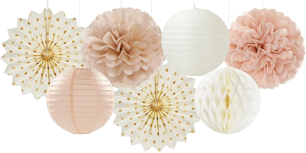 Champagne-Gold Beige-Peach Boho Party-Decorations Streamers - 14pcs Fall Neutral Baby Shower Rustic Bohemian Wedding Paper Honeycomb Lanterns Fan,Birthday Bachelorette Bridal Decor