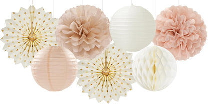 Champagne-Gold Beige-Peach Boho Party-Decorations Streamers - 14pcs Fall Neutral Baby Shower Rustic Bohemian Wedding Paper Honeycomb Lanterns Fan,Birthday Bachelorette Bridal Decor