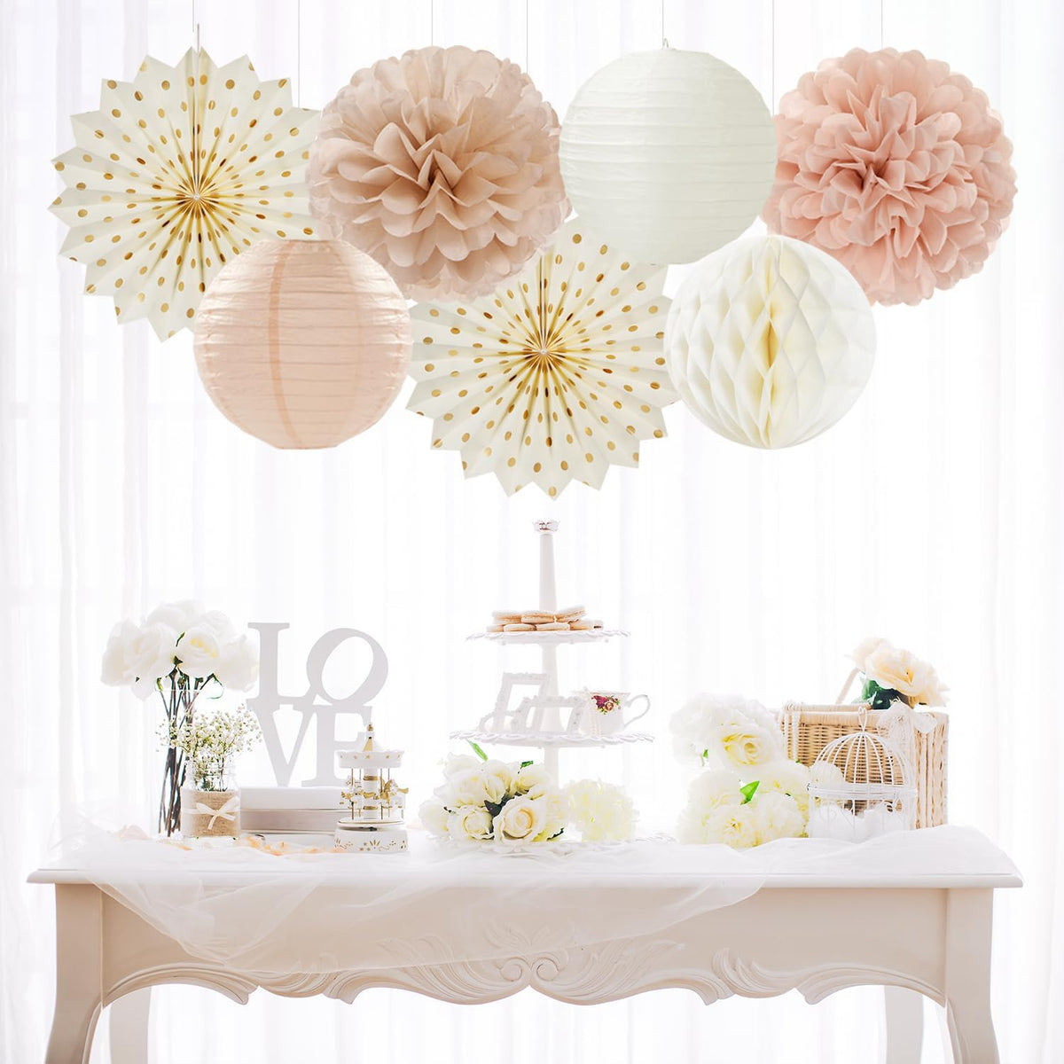 Champagne-Gold Beige-Peach Boho Party-Decorations Streamers - 14pcs Fall Neutral Baby Shower Rustic Bohemian Wedding Paper Honeycomb Lanterns Fan,Birthday Bachelorette Bridal Decor
