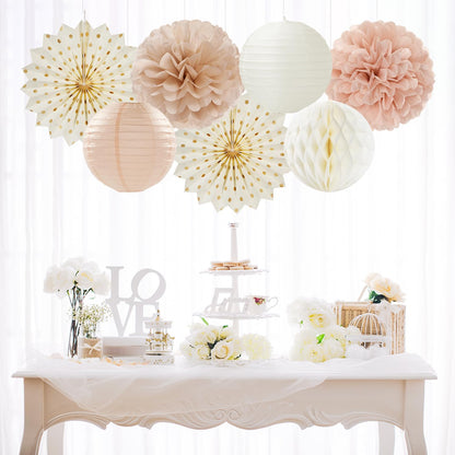 Champagne-Gold Beige-Peach Boho Party-Decorations Streamers - 14pcs Fall Neutral Baby Shower Rustic Bohemian Wedding Paper Honeycomb Lanterns Fan,Birthday Bachelorette Bridal Decor