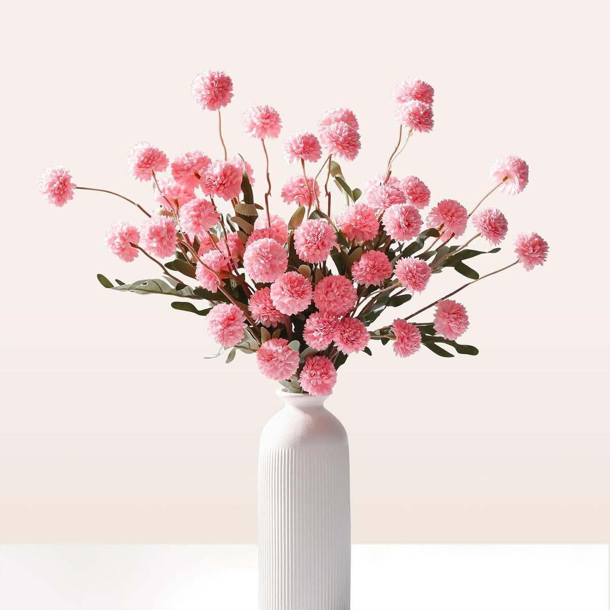 10pcs Pink Fake Flowers, Artificial Pompon Mums