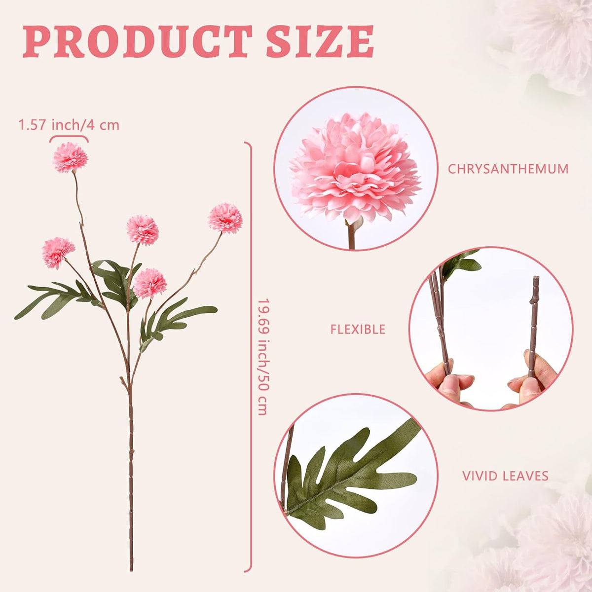 10pcs Pink Fake Flowers, Artificial Pompon Mums
