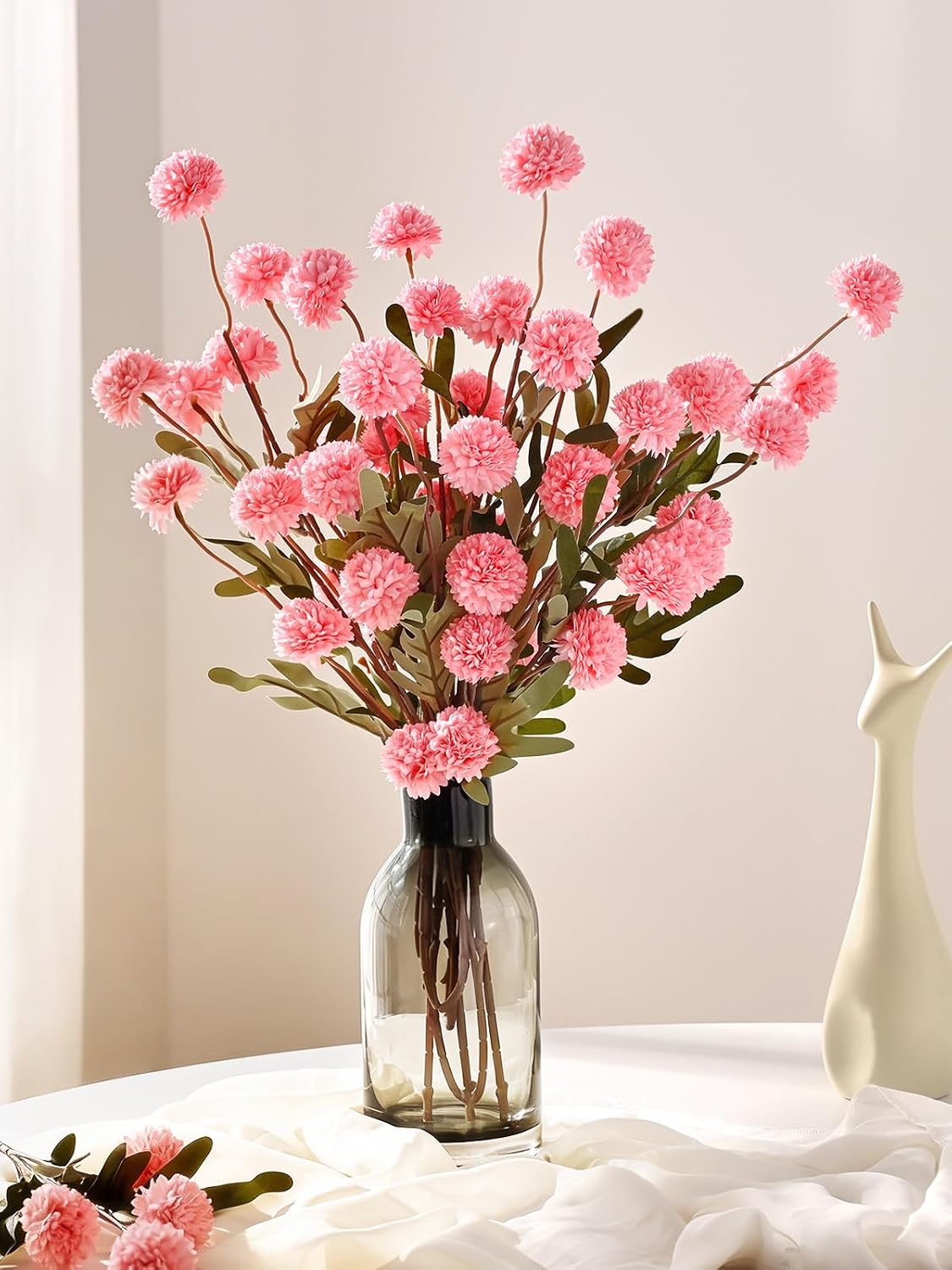 10pcs Pink Fake Flowers, Artificial Pompon Mums