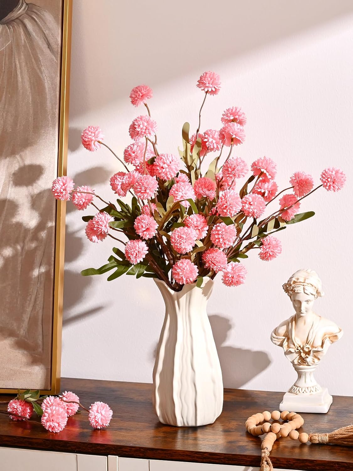 10pcs Pink Fake Flowers, Artificial Pompon Mums